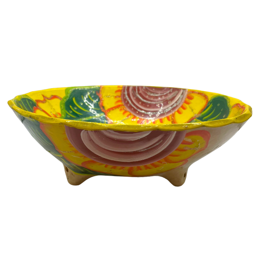 Vintage Mexican Tripod Bowl Sunflower Design w/ Glitter Floral Mexican Terracotta Pottery  Decore