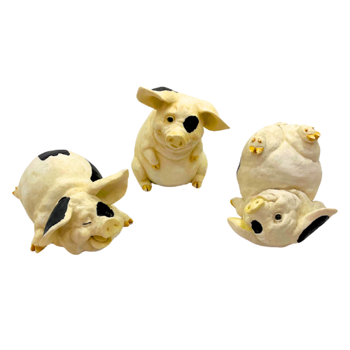 1990s Sealmark Ceramic Playful Pigs Tumbling Figurines White w/ Black Spots Country Farm Decor