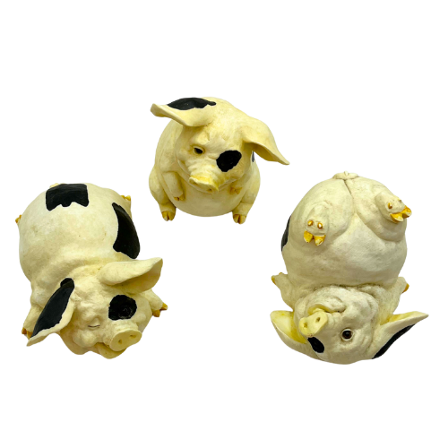 1990s Sealmark Ceramic Playful Pigs Tumbling Figurines White w/ Black Spots Country Farm Decor