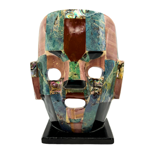 Vintage Mayan Aztec Inspired Mexican Death Mask Inlaid Abalone w/ Other Gemstones Handmade