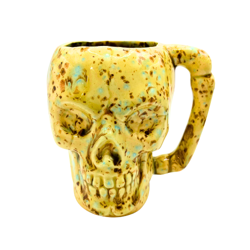 Unique Skeleton Skull Ceramic Coffee Mug Handmade Brown and Blue Splatter Drip Glaze Signed