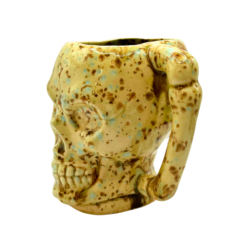 Unique Skeleton Skull Ceramic Coffee Mug Handmade Brown and Blue Splatter Drip Glaze Signed