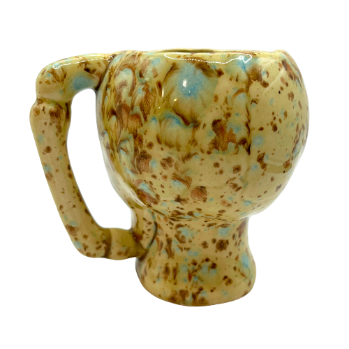 Unique Skeleton Skull Ceramic Coffee Mug Handmade Brown and Blue Splatter Drip Glaze Signed