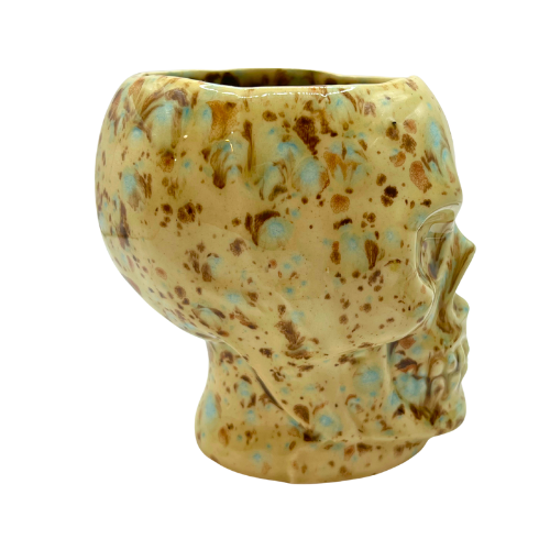 Unique Skeleton Skull Ceramic Coffee Mug Handmade Brown and Blue Splatter Drip Glaze Signed