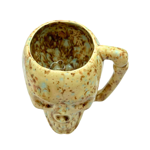 Unique Skeleton Skull Ceramic Coffee Mug Handmade Brown and Blue Splatter Drip Glaze Signed