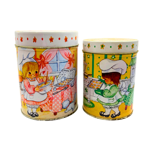 (2) 1985 House of Lloyd INC Little Baker Girls Metal Kitchen Canisters -AS IS