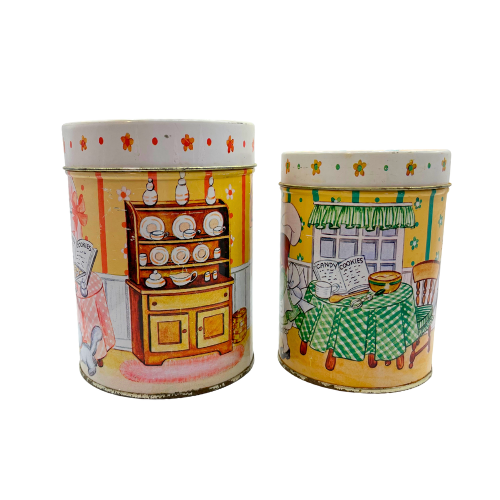 (2) 1985 House of Lloyd INC Little Baker Girls Metal Kitchen Canisters -AS IS