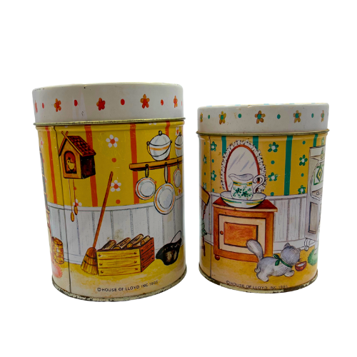 (2) 1985 House of Lloyd INC Little Baker Girls Metal Kitchen Canisters -AS IS