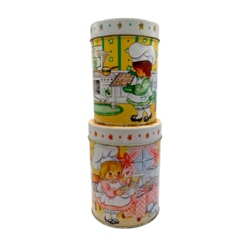 (2) 1985 House of Lloyd INC Little Baker Girls Metal Kitchen Canisters -AS IS