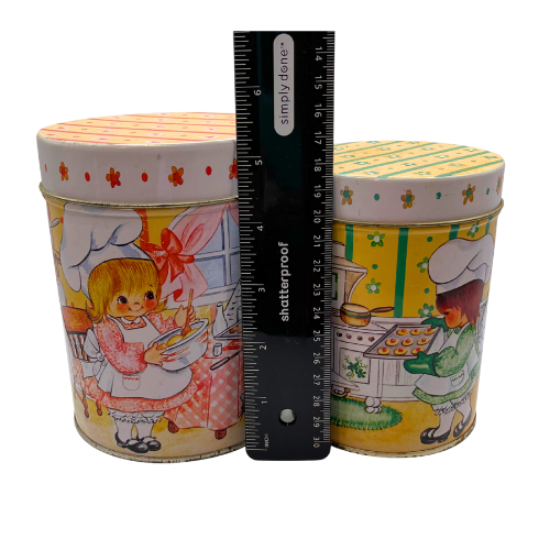 (2) 1985 House of Lloyd INC Little Baker Girls Metal Kitchen Canisters -AS IS