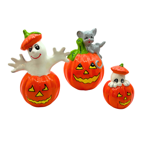 3 Vintage Ceramic Halloween Jack -O- Lanterns Figurines  Hand Painted