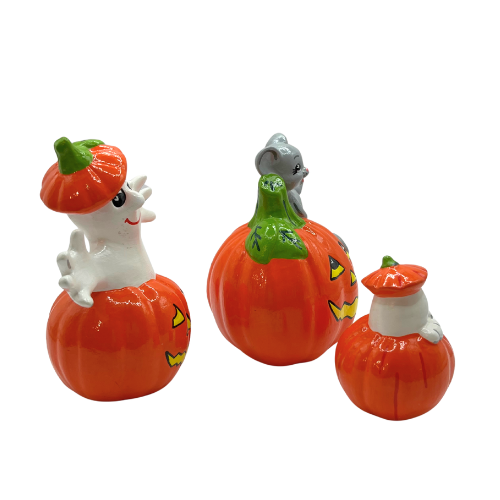 3 Vintage Ceramic Halloween Jack -O- Lanterns Figurines  Hand Painted