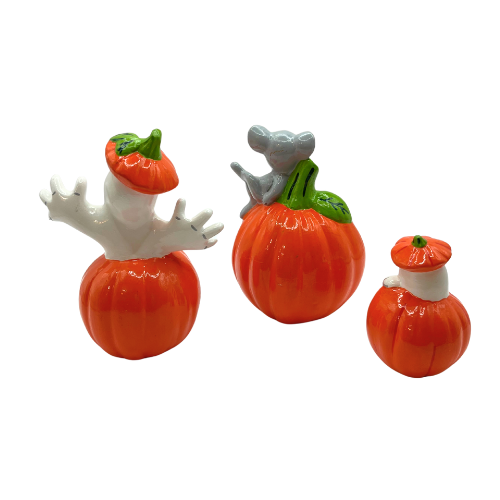 3 Vintage Ceramic Halloween Jack -O- Lanterns Figurines  Hand Painted