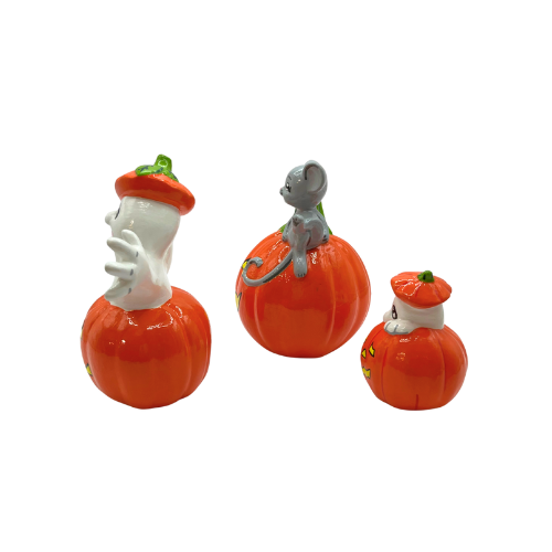3 Vintage Ceramic Halloween Jack -O- Lanterns Figurines  Hand Painted