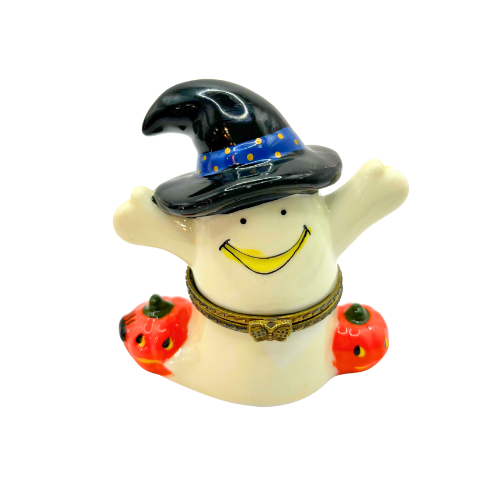 Vintage Halloween Ceramic Hinged Trinket Treasure Box, Ghost Witch Hat and Pumpkins