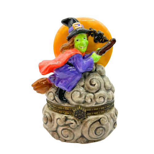 Vintage Halloween Ceramic Trinket Box Witch Flaying past The Moon