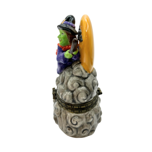 Vintage Halloween Ceramic Trinket Box Witch Flaying past The Moon