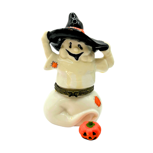 Vtg Halloween Ceramic Hinged Trinket Treasure Box Ghost Wearing Hat, Pumpkin Trinket Treasure