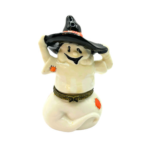 Vtg Halloween Ceramic Hinged Trinket Treasure Box Ghost Wearing Hat, Pumpkin Trinket Treasure