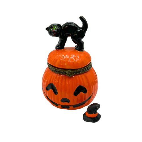 Vintage Ceramic Pumpkin Black Cat Halloween Trinket Box with Witch Hat Trinket