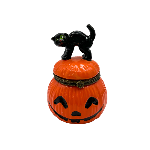 Vintage Ceramic Pumpkin Black Cat Halloween Trinket Box with Witch Hat Trinket