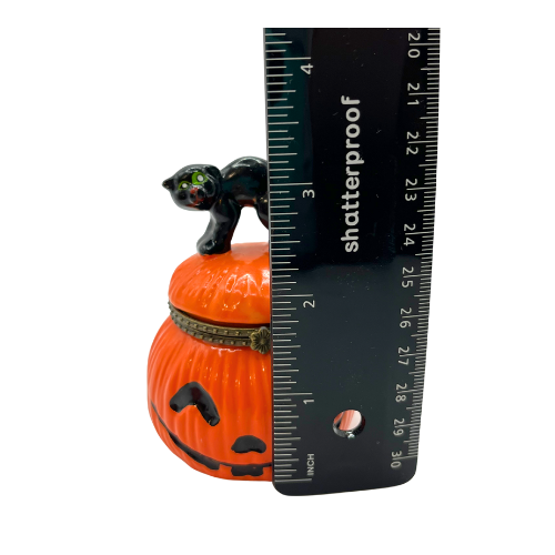 Vintage Ceramic Pumpkin Black Cat Halloween Trinket Box with Witch Hat Trinket