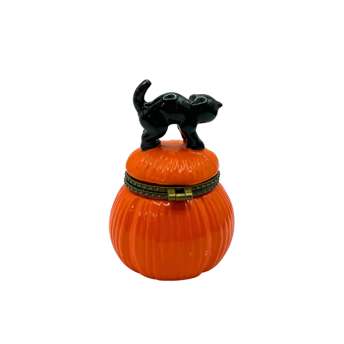 Vintage Ceramic Pumpkin Black Cat Halloween Trinket Box with Witch Hat Trinket