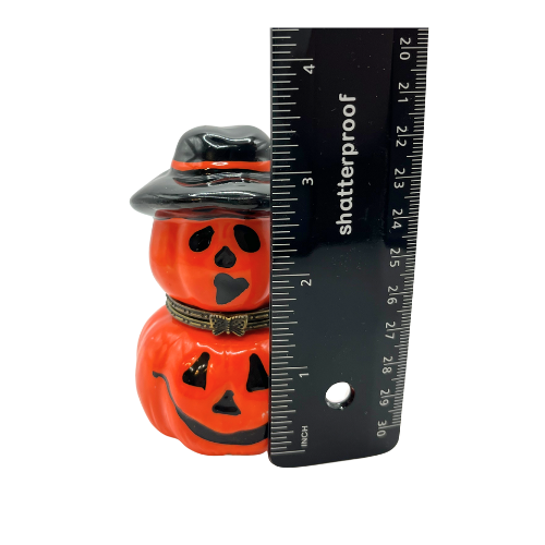 Vintage Ceramic Double Jack-O-Lantern Head Halloween Trinket Box with Hat Trinket