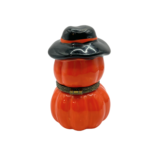 Vintage Ceramic Double Jack-O-Lantern Head Halloween Trinket Box with Hat Trinket