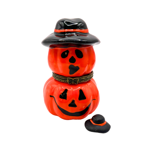 Vintage Ceramic Double Jack-O-Lantern Head Halloween Trinket Box with Hat Trinket