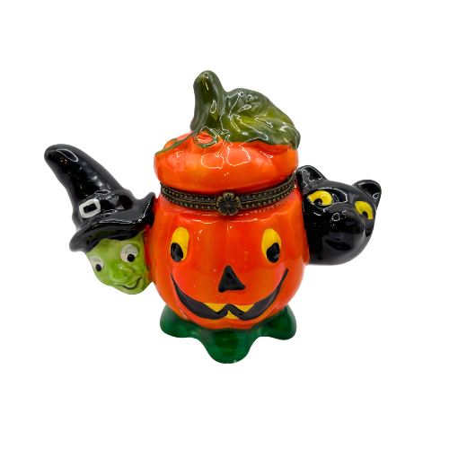 Vintage Halloween Ceramic Trinket Box Peek A Boo Witch Black Cat with Jack O Lantern with Spell Book Trinket