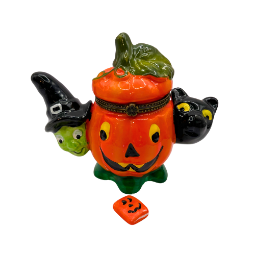 Vintage Halloween Ceramic Trinket Box Peek A Boo Witch Black Cat with Jack O Lantern with Spell Book Trinket