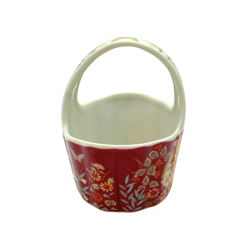 Takahashi Porcelain Miniature Basket w/Cat Floral Design on Burgundy Base Made in Japan
