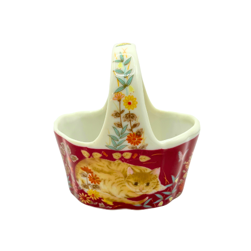 Takahashi Porcelain Miniature Basket w/Cat Floral Design on Burgundy Base Made in Japan