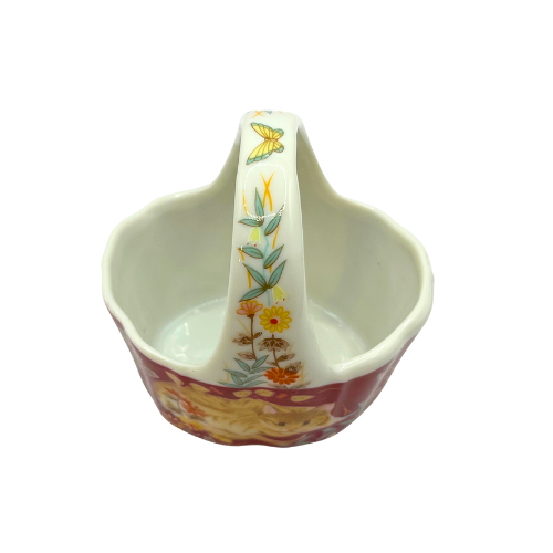 Takahashi Porcelain Miniature Basket w/Cat Floral Design on Burgundy Base Made in Japan