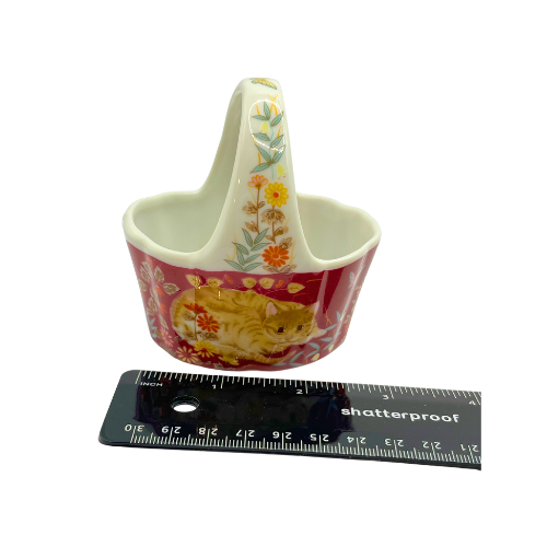 Takahashi Porcelain Miniature Basket w/Cat Floral Design on Burgundy Base Made in Japan