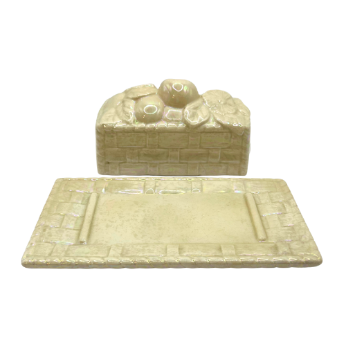 Vtg Ceramic Butter Dish Basket Weave Fruit and Floral Design Iridescent Cream Glaze 1970s Kitchen Decore