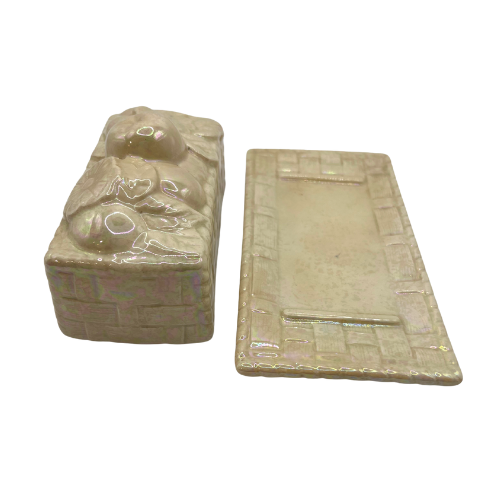 Vtg Ceramic Butter Dish Basket Weave Fruit and Floral Design Iridescent Cream Glaze 1970s Kitchen Decore