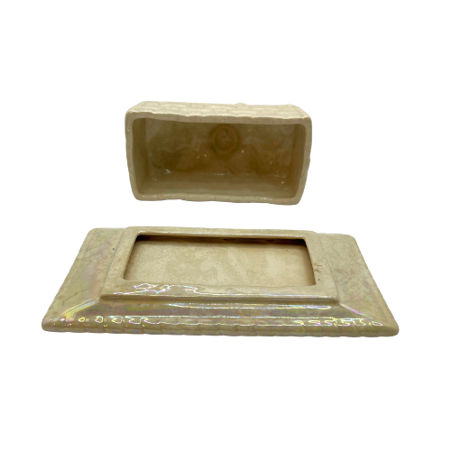 Vtg Ceramic Butter Dish Basket Weave Fruit and Floral Design Iridescent Cream Glaze 1970s Kitchen Decore