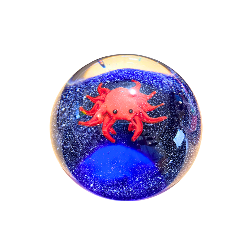 Vtg Crab Art Glass  Aquarium Paperweight Blue Clear Bubble Round Smooth  Base