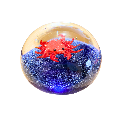 Vtg Crab Art Glass  Aquarium Paperweight Blue Clear Bubble Round Smooth  Base