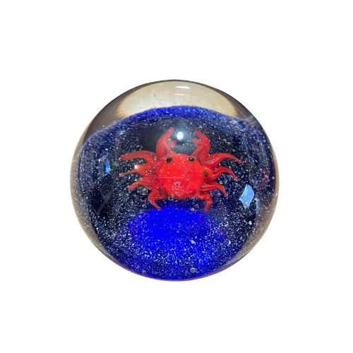 Vtg Crab Art Glass  Aquarium Paperweight Blue Clear Bubble Round Smooth  Base