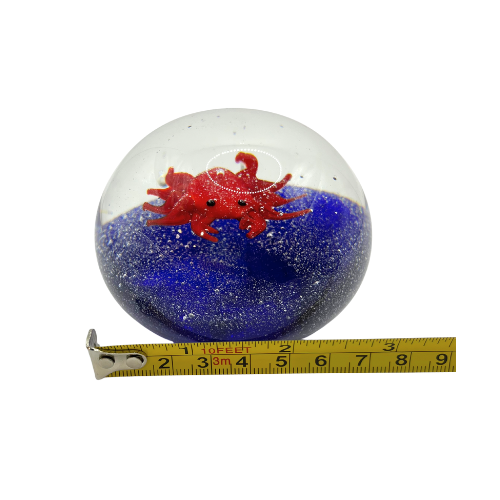 Vtg Crab Art Glass  Aquarium Paperweight Blue Clear Bubble Round Smooth  Base
