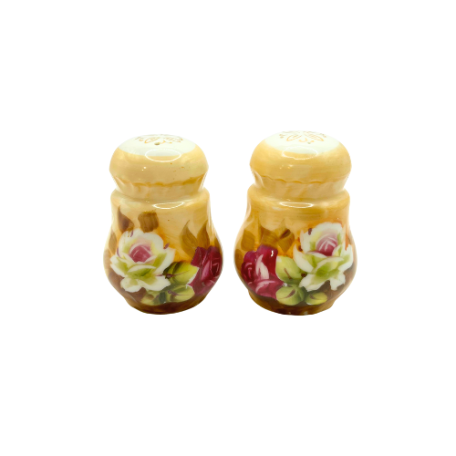 Vtg Lefton Heritage Brown Floral Salt & Pepper Set with Original Stickers