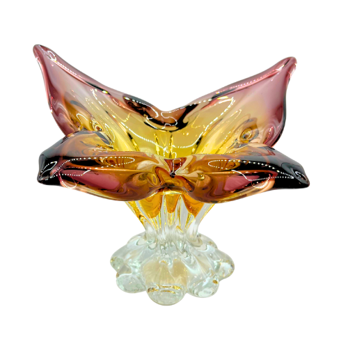 Vtg Murano Style Butterfly Pedestal Bowl Hand Blown Cranberry Amber Omber