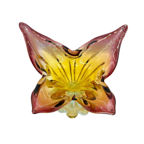 Vtg Murano Style Butterfly Pedestal Bowl Hand Blown Cranberry Amber Omber