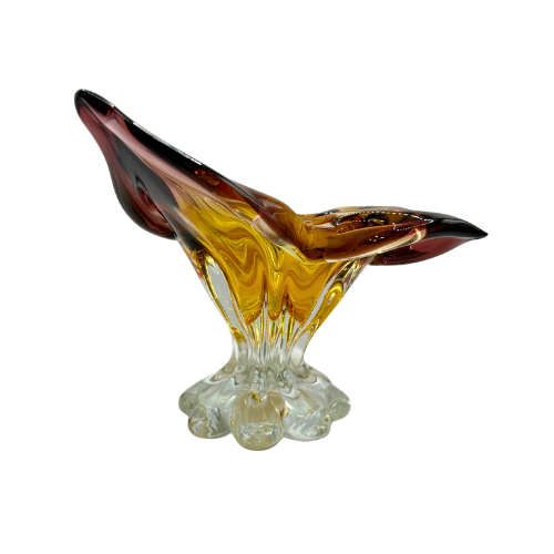 Vtg Murano Style Butterfly Pedestal Bowl Hand Blown Cranberry Amber Omber