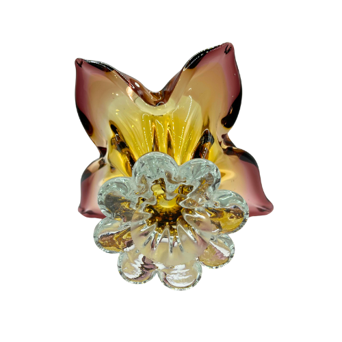 Vtg Murano Style Butterfly Pedestal Bowl Hand Blown Cranberry Amber Omber