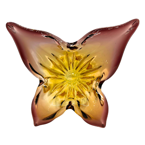 Vtg Murano Style Butterfly Pedestal Bowl Hand Blown Cranberry Amber Omber