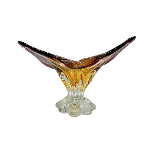 Vtg Murano Style Butterfly Pedestal Bowl Hand Blown Cranberry Amber Omber